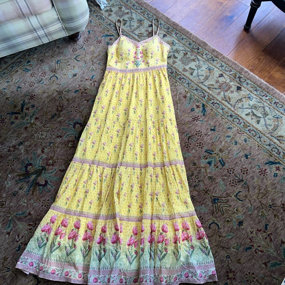 Anita Dongre Yellow Floral Tier Maxi Block Print Flowy Indian Design Sundress M - Picture 2 of 11